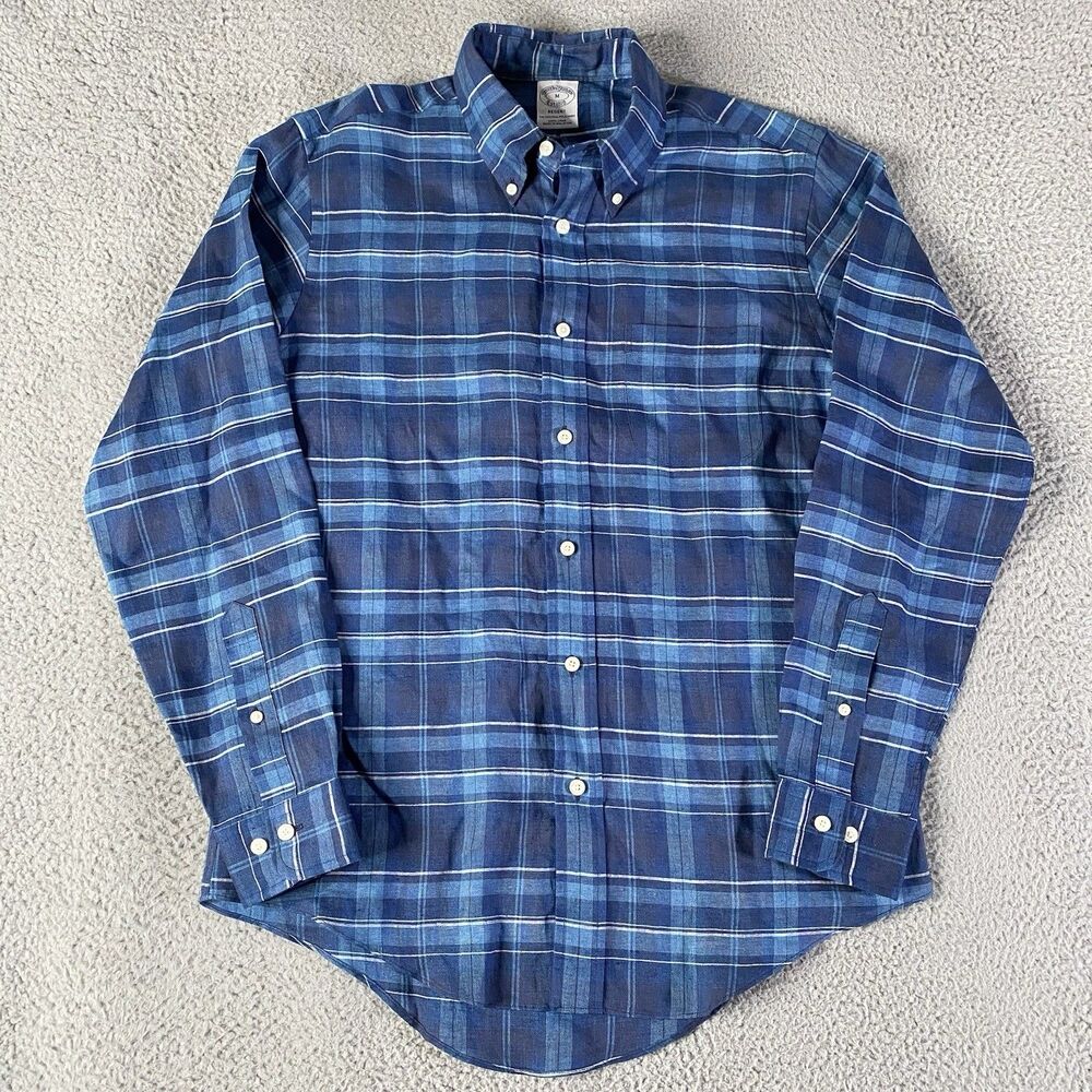 Brooks Brothers Regent Baird McNutt Linen Shirt Mens Medium Blue Plaid Button